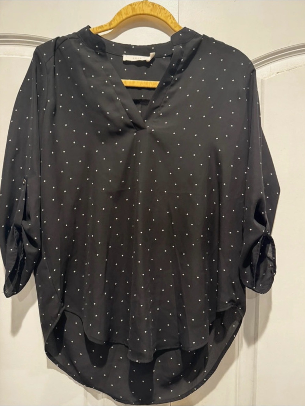 LUSH Black White Polka Dot Roll Tab Sleeve Blouse Small